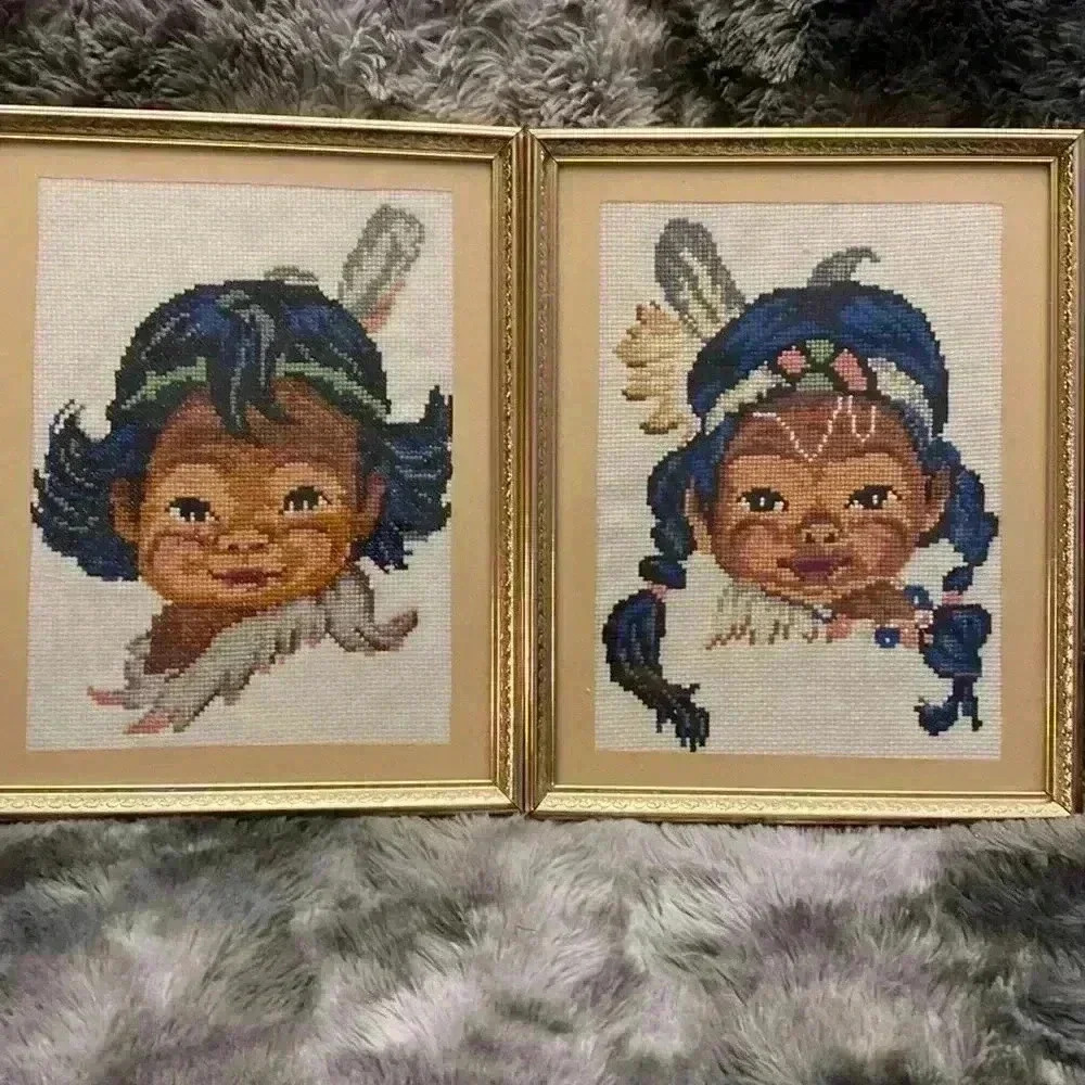 Vintage Pair of framed needle point  indigenous boy and girl pictures - Picture 2 of 12
